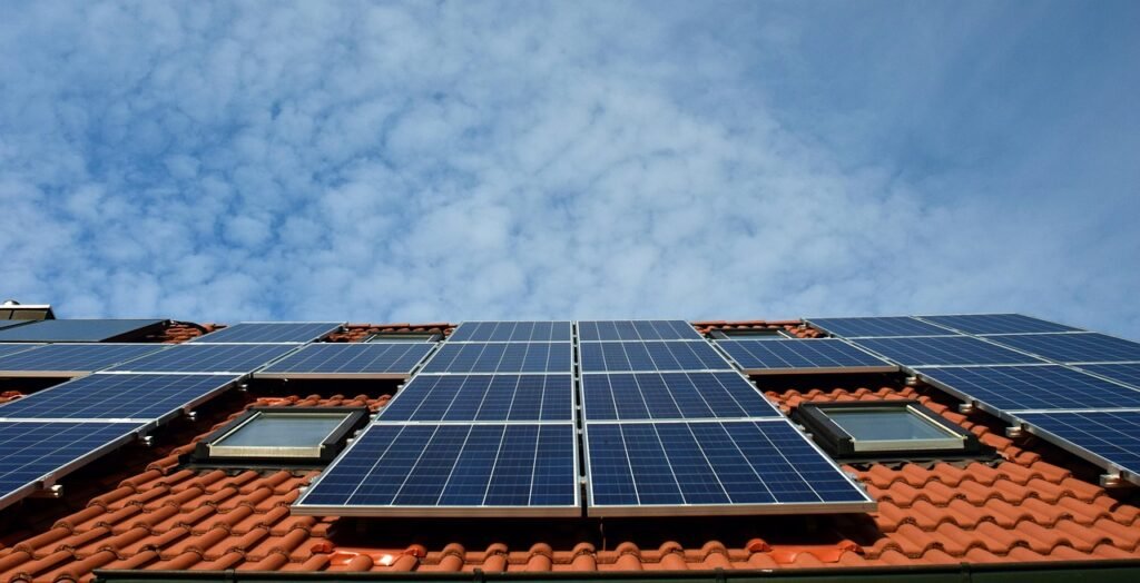 solar system, roof, power generation, solar power, solar cells, energy, electricity, house, solar energy, nature, solar panel, energy transition, blue, renewable, housetop, technology, environmentally friendly, electricity generation, heaven, clouds, sun, roof tiles, roof panels